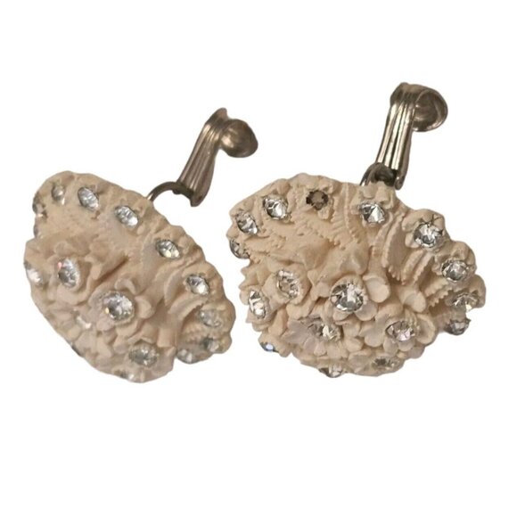 1950's Vintage Celluloid Rhinestone Daisy Floral Bouquet Bridal Clip Earrings 1" - Picture 10 of 13